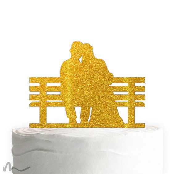 Cake Topper Brautpaar Parkbank Gold Glitzer