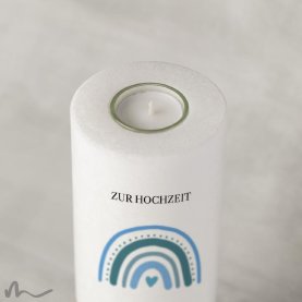 Hochzeitskerze Holzelement Regenbogen Blautöne Ø9 x 25 cm