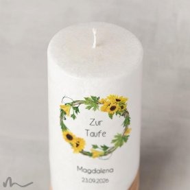 Taufkerze Holzelement Docht Sonnenblumen Ø8 x 20 cm