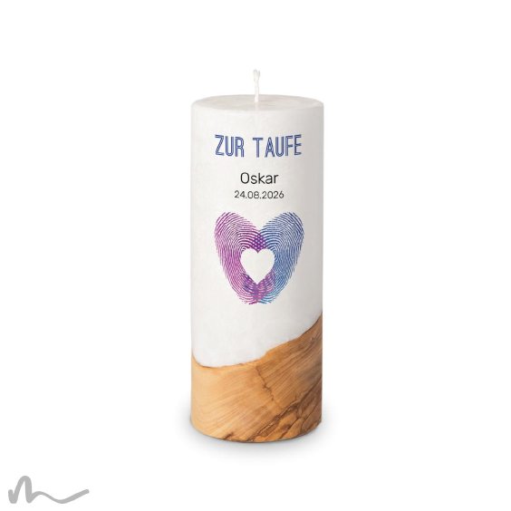 Taufkerze Holzelement Docht Fingerabdruck Herz Ø8 x 20 cm