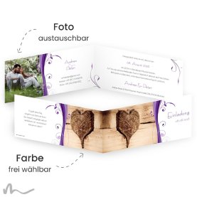 Hochzeitseinladung Ametrin Holzherz 21 x 10 cm Klappkarte