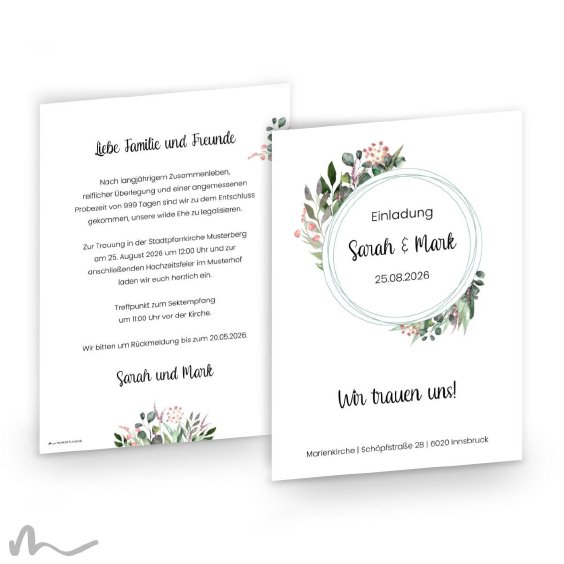 Hochzeitseinladung Blätterprint 15 x 21 cm Doppelseitig