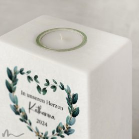 Trauerkerze Blätterherz 10 x 20 cm mit Foto