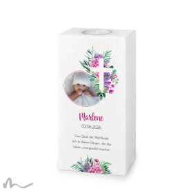 Taufkerze Florales Kreuz 10 x 20 cm mit Foto