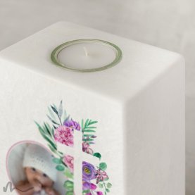 Taufkerze Florales Kreuz 10 x 20 cm mit Foto