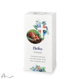 Taufkerze Florales Kreuz Blau 10 x 20 cm mit Foto