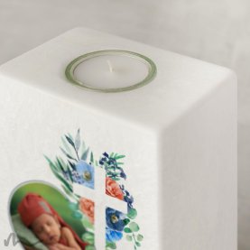 Taufkerze Florales Kreuz Blau 10 x 20 cm mit Foto