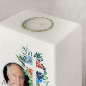 Trauerkerze Florales Kreuz Blau 10 x 20 cm mit Foto