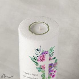 Hochzeitskerze Holzelement Florales Kreuz Ø9 x 25 cm