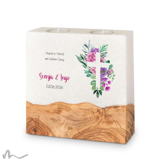 Hochzeitskerze breites Holzelement Florales Kreuz 20 x 20 cm