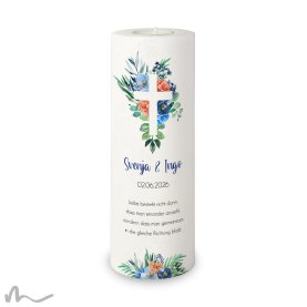Hochzeitskerze Florales Kreuz Blau Ø9 x 25 cm