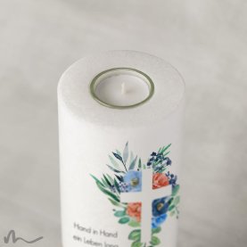 Hochzeitskerze Holzelement Florales Kreuz Blau Ø9 x 25 cm