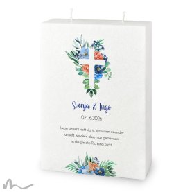 Hochzeitskerze Docht Florales Kreuz Blau 17 x 25 cm