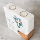 Hochzeitskerze Holzelement Florales Kreuz Blau 20 x 20 cm