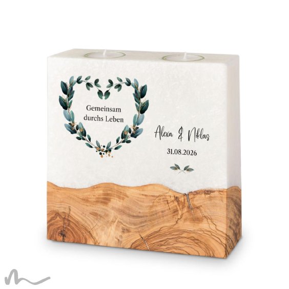 Hochzeitskerze breites Holzelement Blätterherz 20 x 20 cm