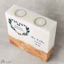 Hochzeitskerze breites Holzelement Blätterherz 20 x 20 cm