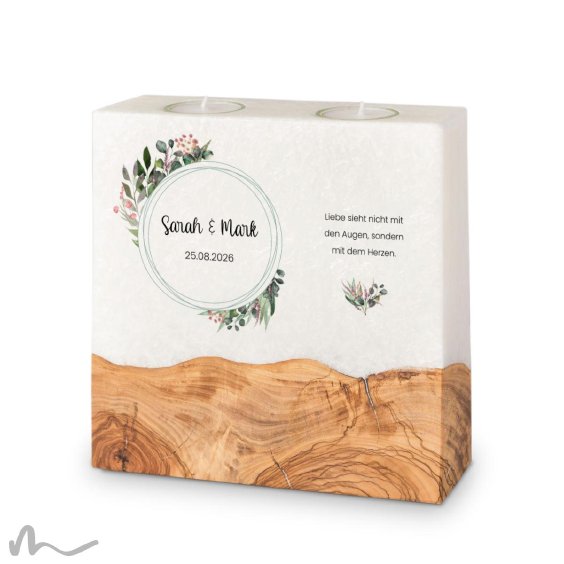 Hochzeitskerze breites Holzelement Blätterprint 20 x 20 cm