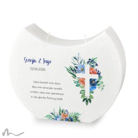 Hochzeitskerze Docht Florales Kreuz Blau Halbmond 24 x 19 cm