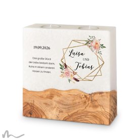Hochzeitskerze breites Holzelement Glamourös 20 x 20 cm
