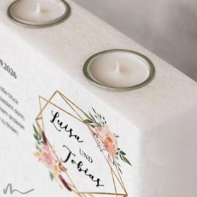 Hochzeitskerze breites Holzelement Glamourös 20 x 20 cm