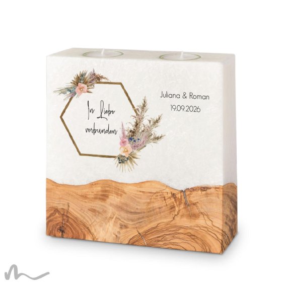 Hochzeitskerze breites Holzelement Pampasgras 20 x 20 cm