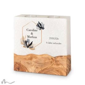 Hochzeitskerze breites Holzelement Zeitlos Elegant 20 x 20 cm