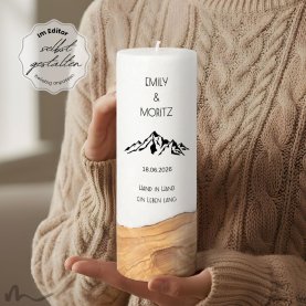 Hochzeitskerze Holzelement Docht Bergleidenschaft Ø9 x 25 cm