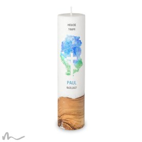 Taufkerze Holzelement Docht Aquatöne Ø6 x 25 cm