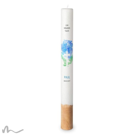 Taufkerze Holzelement Docht Aquatöne Ø4 x 40 cm