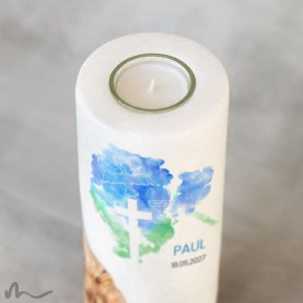 Konfirmationskerze Holzelement Aquatöne Ø8 x 20 cm