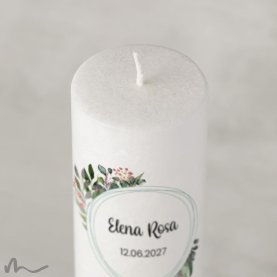 Taufkerze Holzelement Docht Blätterprint Ø6 x 25 cm