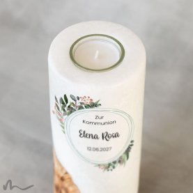 Kommunionkerze Holzelement Blätterprint Ø8 x 20 cm