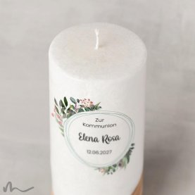 Kommunionkerze Holzelement Docht Blätterprint Ø8 x 20 cm