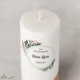 Konfirmationskerze Holzelement Docht Blätterprint Ø8 x 20 cm