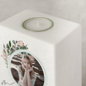 Konfirmationskerze Blätterprint 10 x 20 cm mit Foto