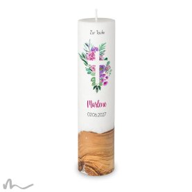 Taufkerze Holzelement Docht Florales Kreuz Ø6 x 25 cm