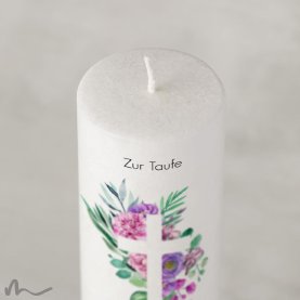 Taufkerze Holzelement Docht Florales Kreuz Ø6 x 25 cm