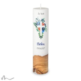 Taufkerze Holzelement Docht Florales Kreuz Blau Ø6 x 25 cm