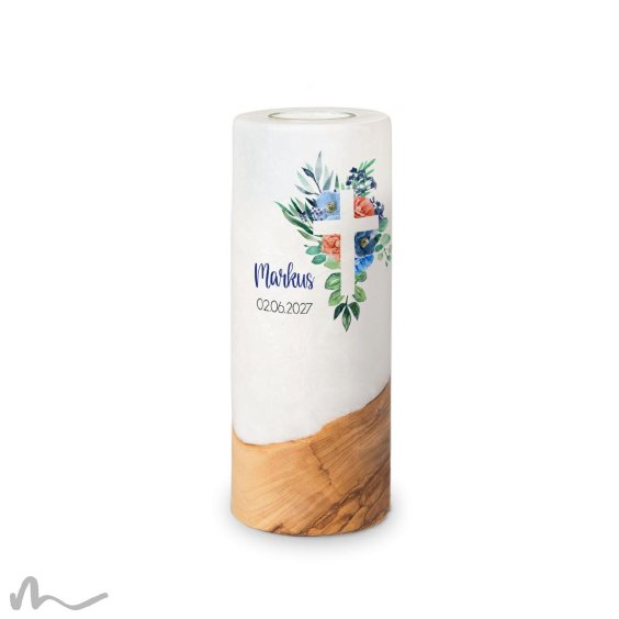 Kommunionkerze Holzelement Florales Kreuz Blau Ø8 x 20 cm