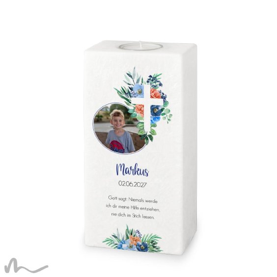 Kommunionkerze Florales Kreuz Blau 10 x 20 cm mit Foto