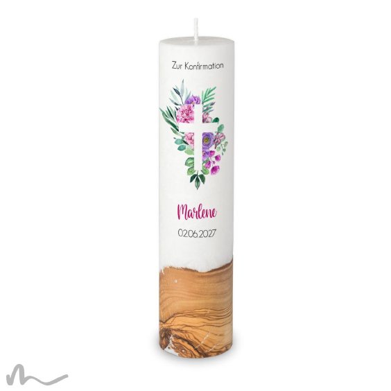 Konfirmationskerze Holzelement Docht Florales Kreuz Ø6 x 25 cm