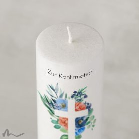 Konfirmationskerze Holzelement Docht Florales Kreuz Blau Ø6 x 25 cm
