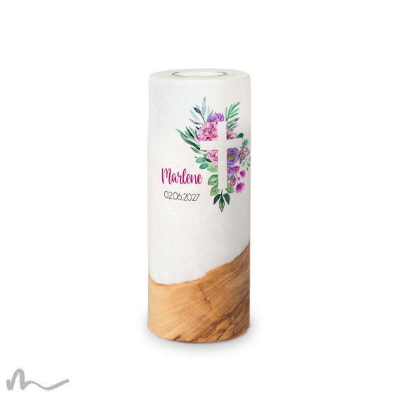 Konfirmationskerze Holzelement Florales Kreuz Ø8 x 20 cm