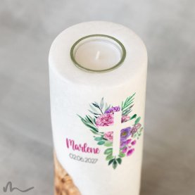 Konfirmationskerze Holzelement Florales Kreuz Ø8 x 20 cm