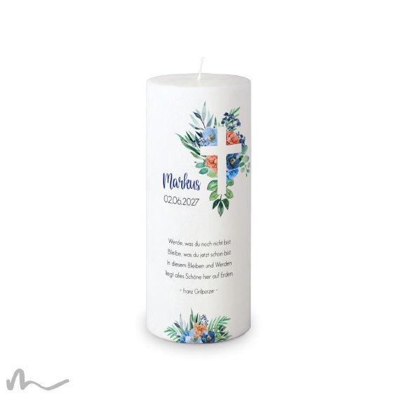Konfirmationskerze Docht Florales Kreuz Blau Ø8 x 20 cm