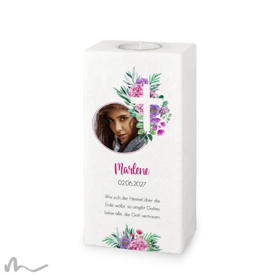 Konfirmationskerze Florales Kreuz 10 x 20 cm mit Foto