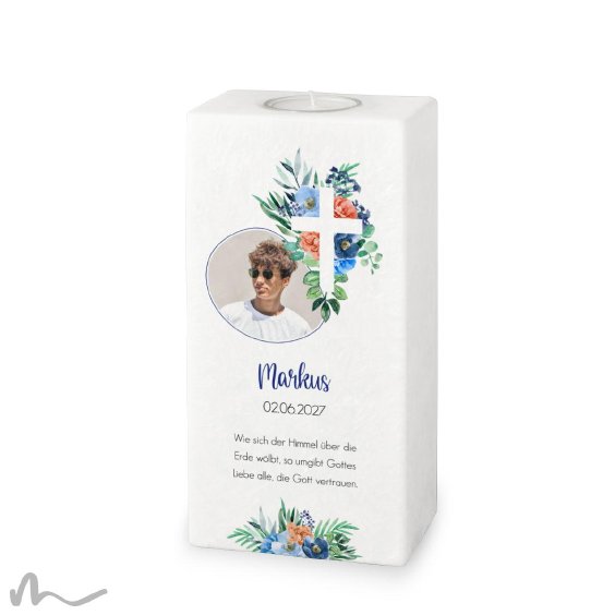 Konfirmationskerze Florales Kreuz Blau 10 x 20 cm mit Foto