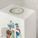 Konfirmationskerze Florales Kreuz Blau 10 x 20 cm mit Foto