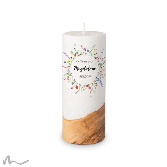 Kommunionkerze Holzelement Docht Wiesenblumen Ø8 x 20 cm