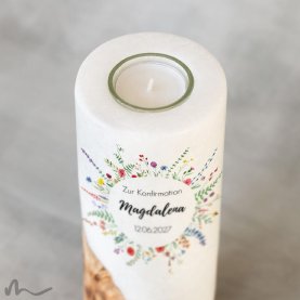 Konfirmationskerze Holzelement Wiesenblumen Ø8 x 20 cm